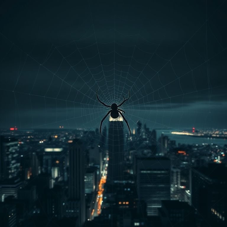 Spider web over city skyline at night symbolizing suspense in Return of the Spider by James Patterson