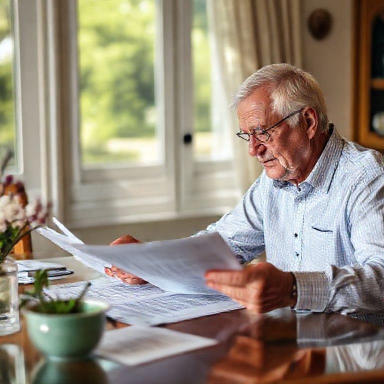 A senior couple retirement planning their finances with documents and laptop at home