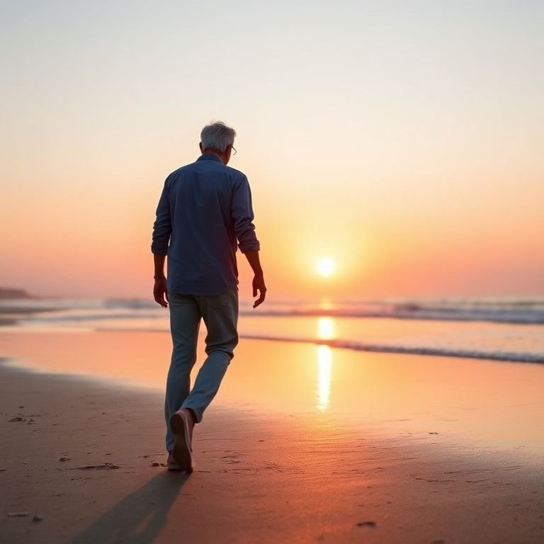 Retirement planning - Mature adult walking on a beach at sunrise representing the emotional journey toward retirement.
