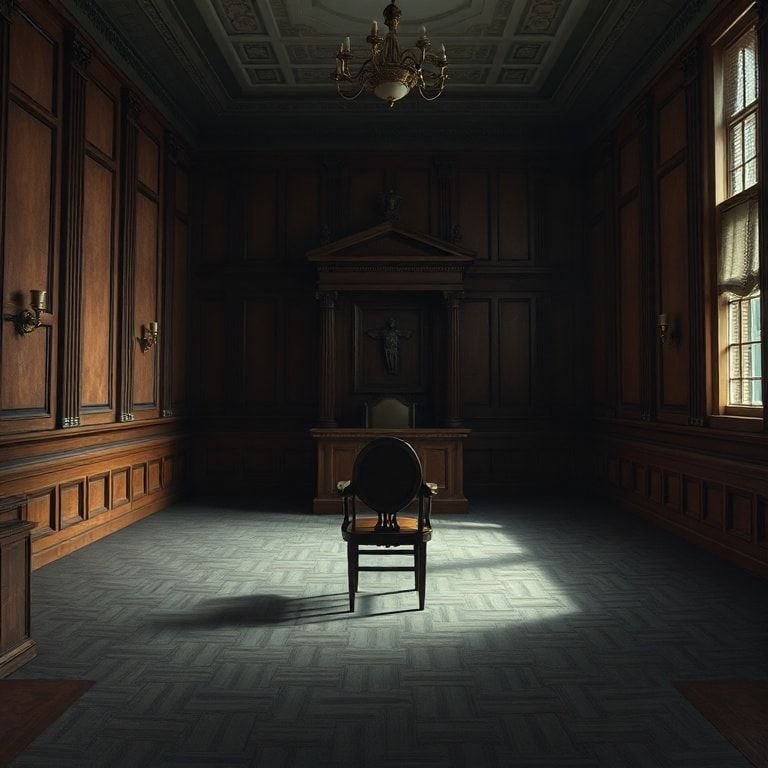 Atmospheric courtroom scene representing themes of justice, loss, and mystery in John Grisham’s The Widow.
