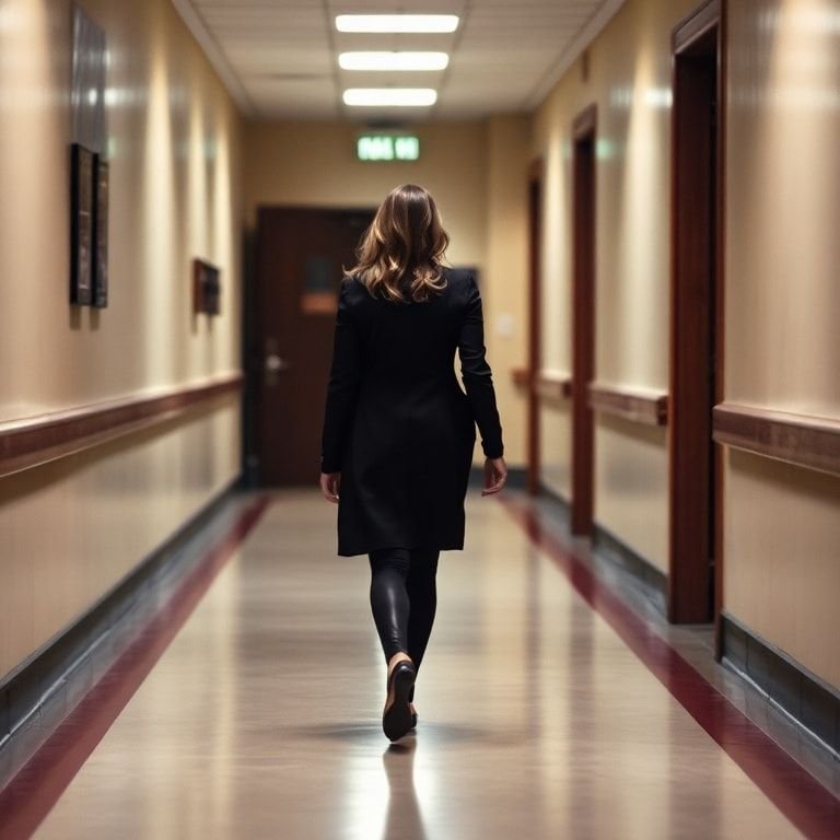 Woman walking through courthouse hallway, reflecting grief, resilience, and the unfolding legal thriller in The Widow.