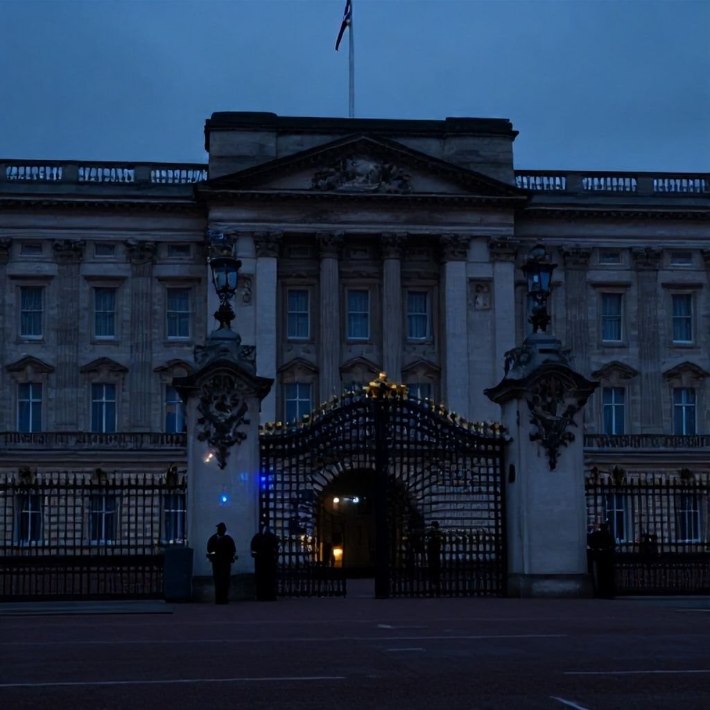 Buckingham Palace at dusk surrounded by security forces, symbolizing the hawk is dead theme of involving a royal assassination attempt
