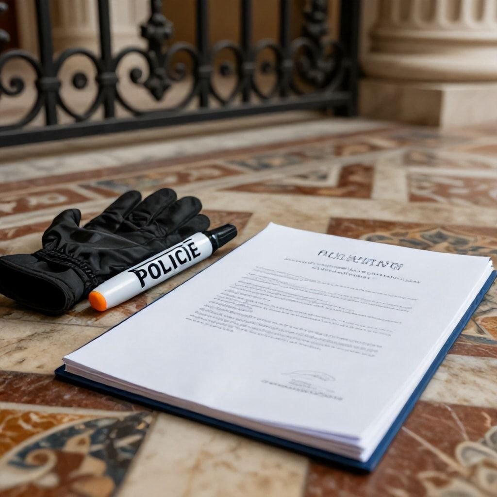 Crime scene evidence near Buckingham Palace gates in a British political thriller the hawk is dead setting