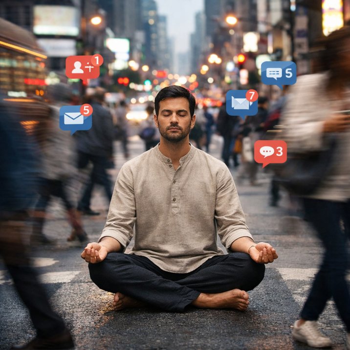 karma according to the bhagavad gita showing inner calm through mindful action in a chaotic modern world