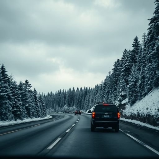 Dark unmarked SUV driving on a lonely forest road in winter, representing the hunting setting of Revenge Prey by John Sandford.