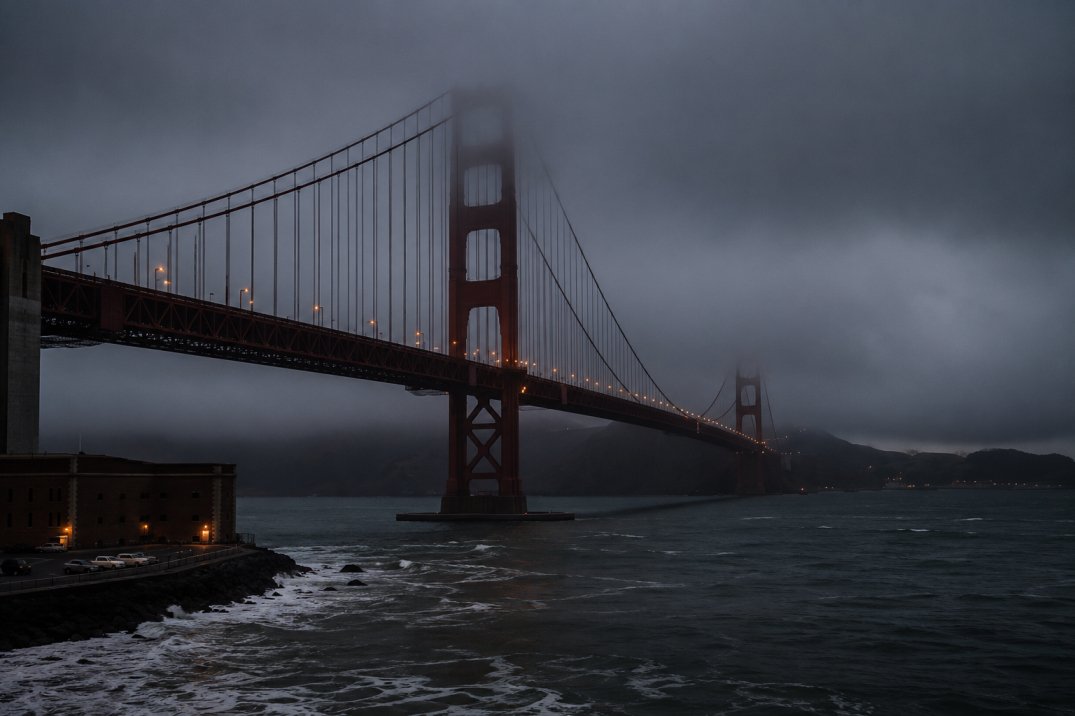 26 Beauties Book Review: A Best-Selling High-Stakes Women’s Murder Club Thriller 4 26 beauties A cinematic, wide-angle photograph of the Golden Gate Bridge partially obscured by dense, low-hanging ocean fog at dusk. The cold Pacific waters churn below under a dim, overcast gray sky, capturing a moody, mysterious, and classic noir atmosphere iconic to a San Francisco police procedural, 26 beauties