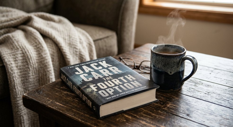 The Fourth Option (2026) Review: Jack Carr Delivers a Brilliant, High-Stakes Novel 2 the fourth option A candid, close-up photograph of a weathered copy of Jack Carr's 'The Fourth Option' resting on a rustic wooden coffee table next to a steaming ceramic mug. A warm blanket is partially visible in the background, suggesting a cozy reading spot.