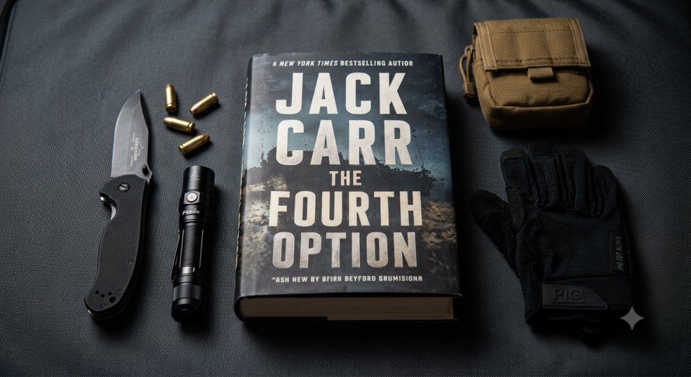 The Fourth Option (2026) Review: Jack Carr Delivers a Brilliant, High-Stakes Novel 3 the fourth option A high-quality tactical flat lay photograph arranged on a dark, textured gray background. The center is occupied by 'The Fourth Option' book. Surrounding it are professional tools: a folded black tactical knife, a compact ballistic nylon pouch, a pair of subtle shooting gloves, and a few loose 9mm casing. The lighting is focused and dramatic.